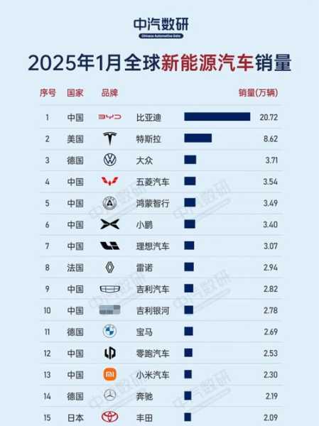 新能源汽车排名前十名，2025新能源汽车销量排行榜